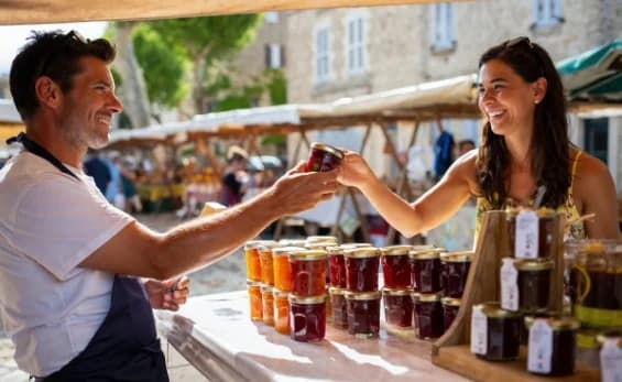 Stand de produits locaux à la Foire des beaux jours de Prayssas — pots de confiture
