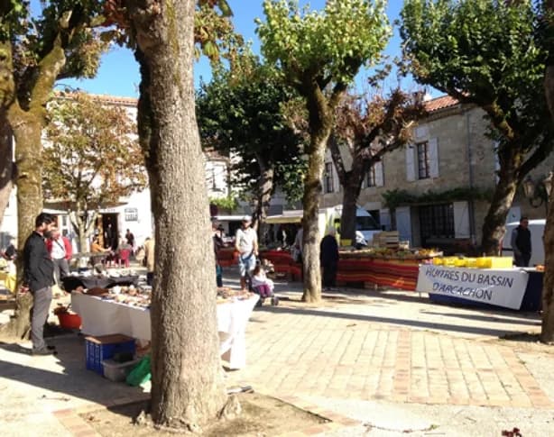 Marché dominical de Prayssas — étals sous les platanes de la place du village