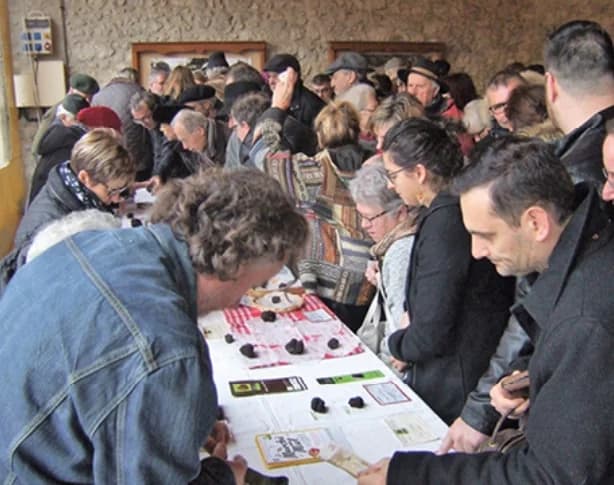 Marché aux truffes de Prayssas — visiteurs autour des étals de truffes noires sous la halle