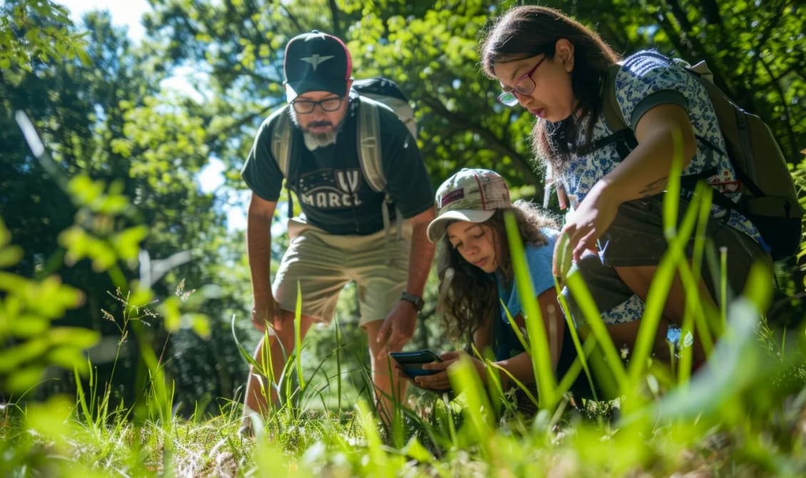 Famille penchée sur un smartphone lors d'une chasse au trésor Terra Aventura en pleine nature