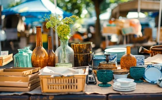 Étal du vide-greniers de Prayssas — vases, vaisselle et objets chinés