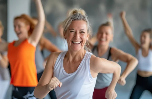 Cours de gymnastique en groupe, ambiance dynamique