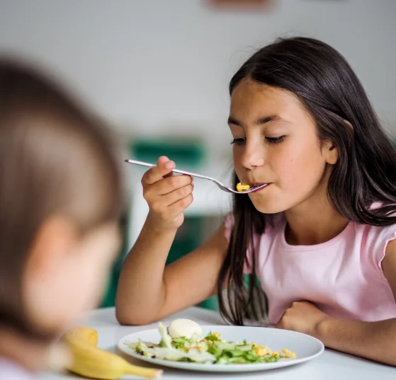 Enfant prenant son repas à la cantine de l'école