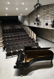 Auditorium : Salle de concert de musique classique avec un piano Porte d’église ancienne en bois renfoncé dans la pierre Nef d’église en pierre avec des poutres en bois Nef d’église